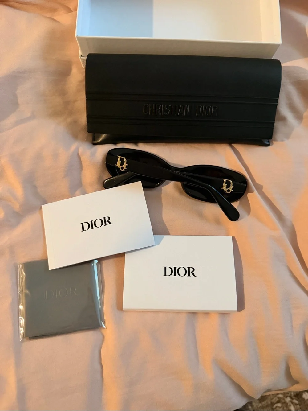Dior Black Oval Sunglasses with Black Case and White Dior Box